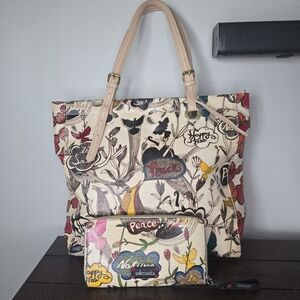 Sakroots Nature Doodle Birds Shoulder Bag And Peace Wallet Coated Canvas Tote